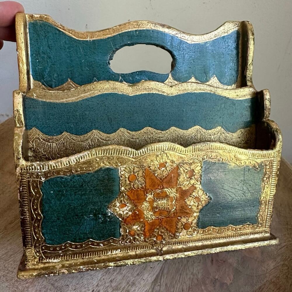 Vintage Firenze Florentine Letter Rack holder gold blue teal wood ornate Italy
